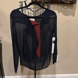 NWT Line & Dot 100% silk sheer long sleeve blouse color block top size S rare